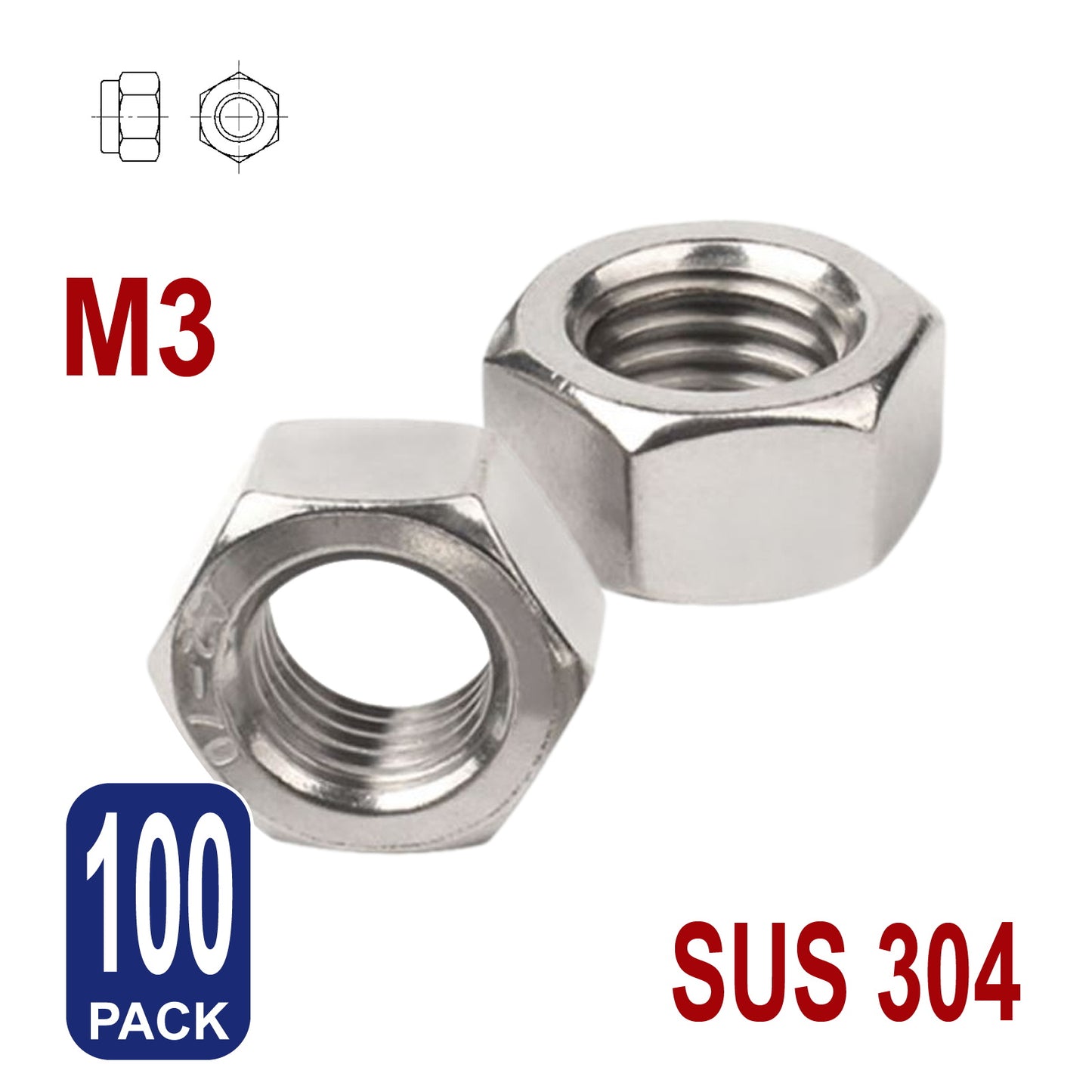 iBase - M3 Hex Nut Hexagon Stainless Steel 304 Nuts Fasteners Fixings Tighten Bolts Kit - W14079B100.jpg