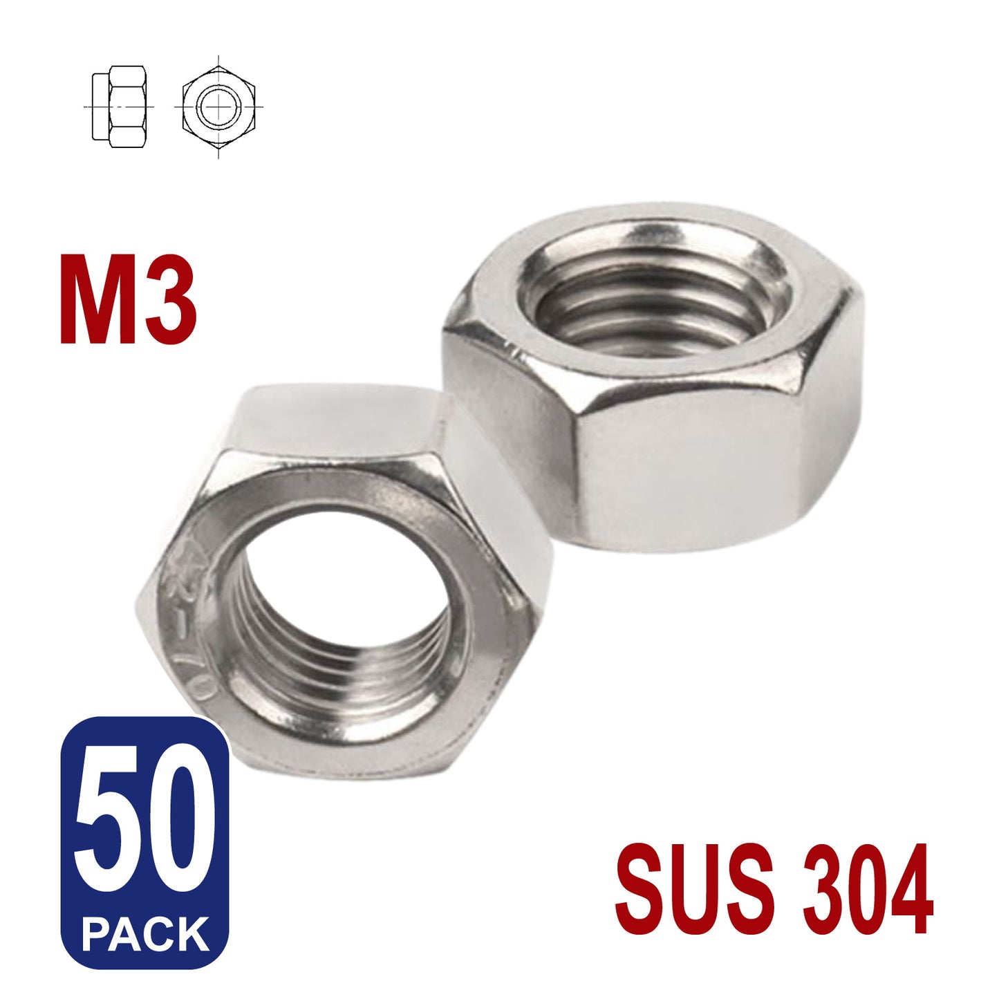 iBase - M3 Hex Nut Hexagon Stainless Steel 304 Nuts Fasteners Fixings Tighten Bolts Kit - W14079B50.jpg
