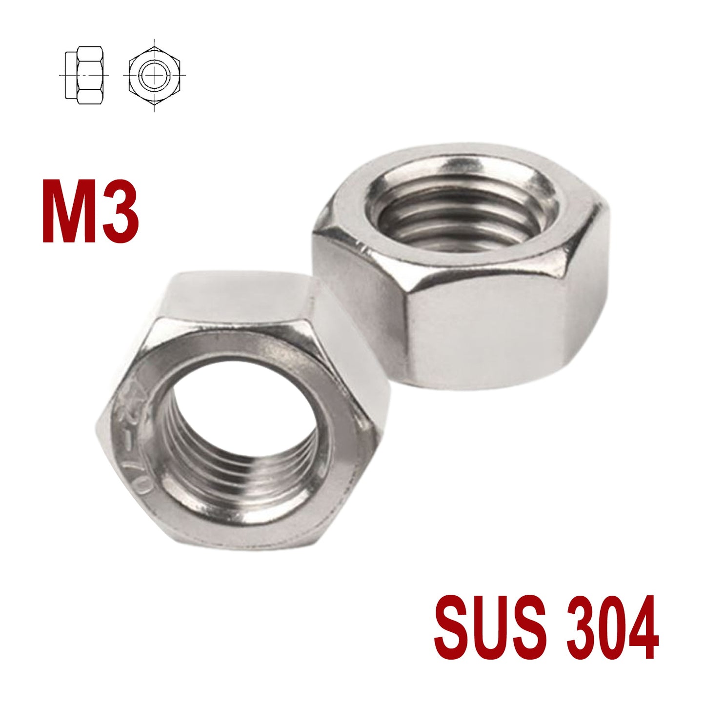 iBase - M3 Hex Nut Hexagon Stainless Steel 304 Nuts Fasteners Fixings Tighten Bolts Kit - W14079VAR.jpg