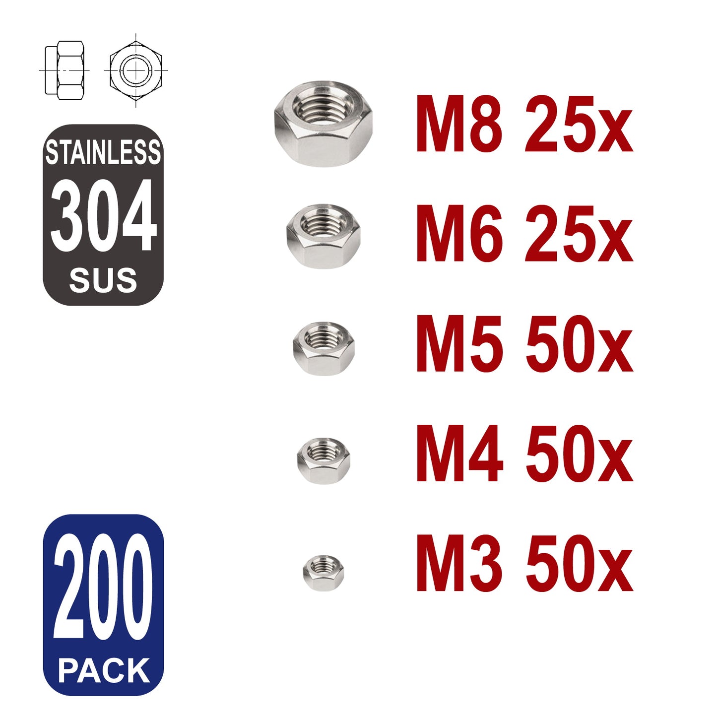 iBase - M3 - M8 Hex Nut Hexagon Stainless Steel 304 Nuts Fasteners Bolts Assortment 200x - W14079VP01.jpg