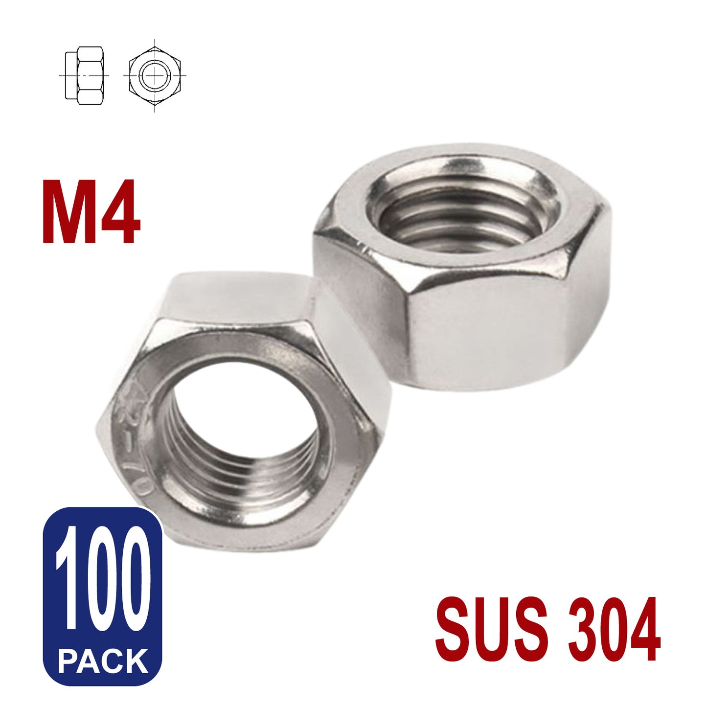 iBase - M4 Hex Nut Hexagon Stainless Steel 304 Nuts Fasteners Fixings Tighten Bolts Kit - W14080B100.jpg
