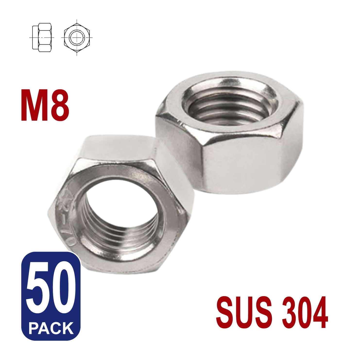 iBase - M8 Hex Nut Hexagon Stainless Steel 304 Nuts Fasteners Fixings Tighten Bolts Kit - W14082B50.jpg