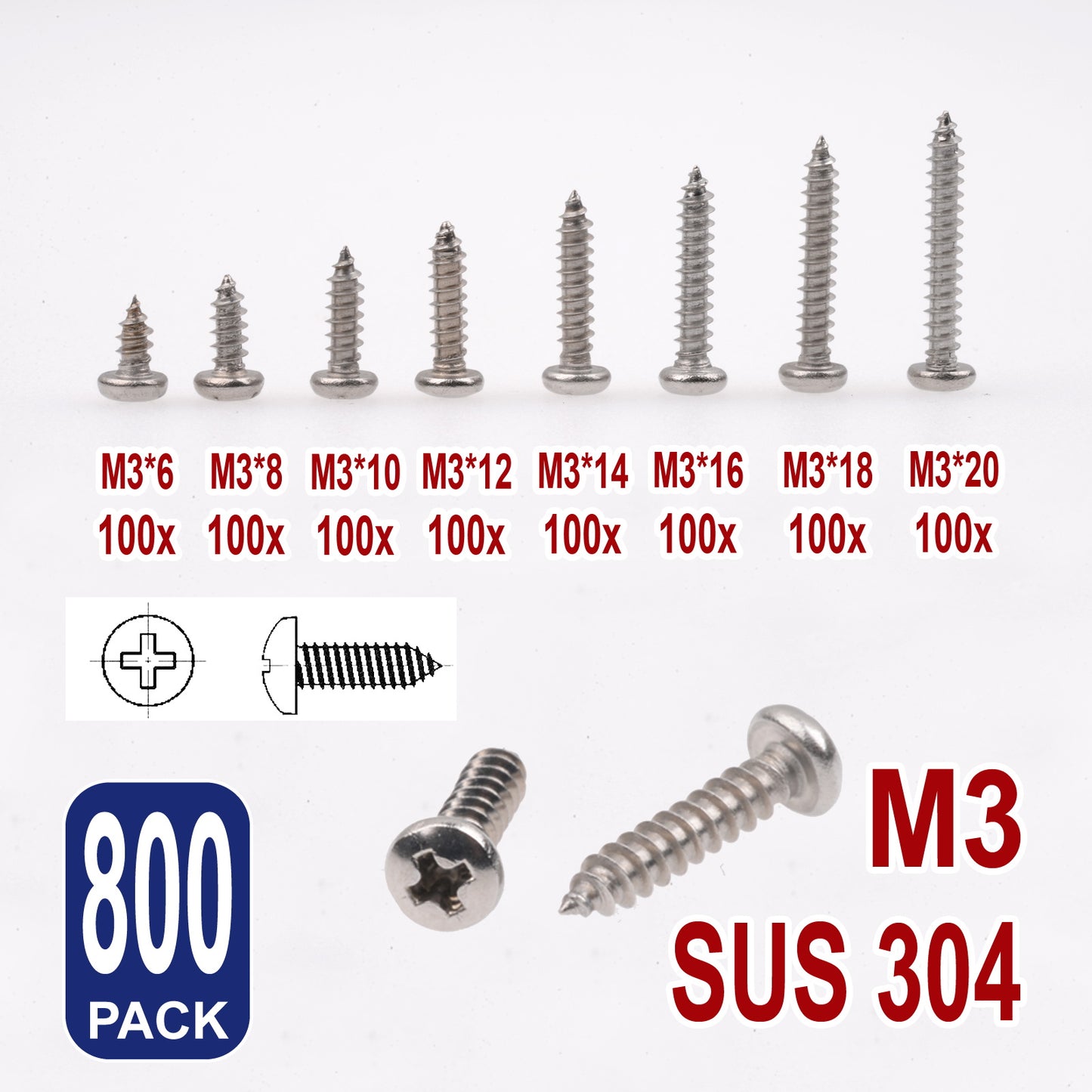 iBase - M3 Self Drilling Screw Tapping Bolt Pan Head Stainless Steel Phillips Cross Kit - W14150M4.jpg