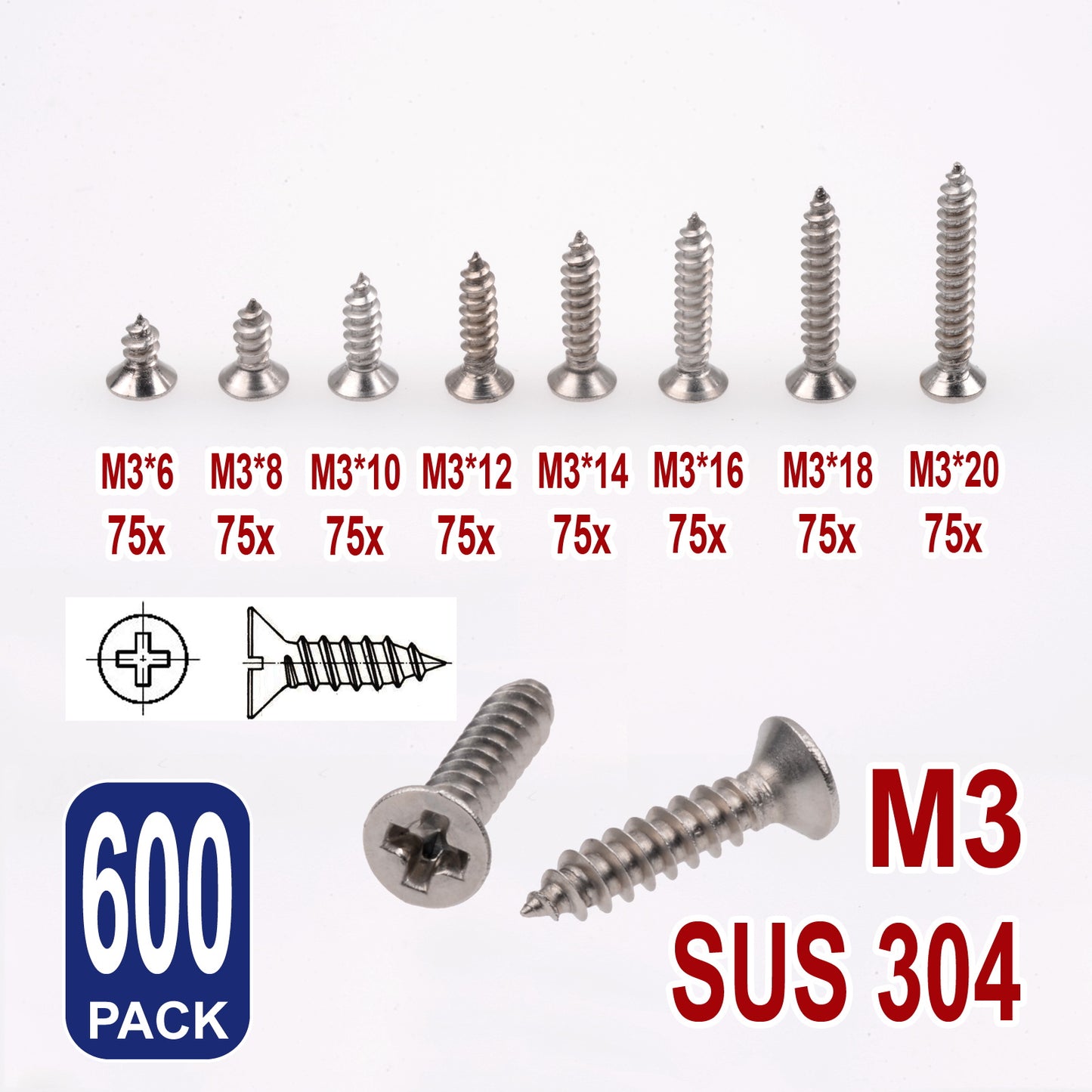 iBase - M3 Self Drilling Tapping Screw Countersunk Flat Phillips Stainless Assorted Kit - W14160M3.jpg