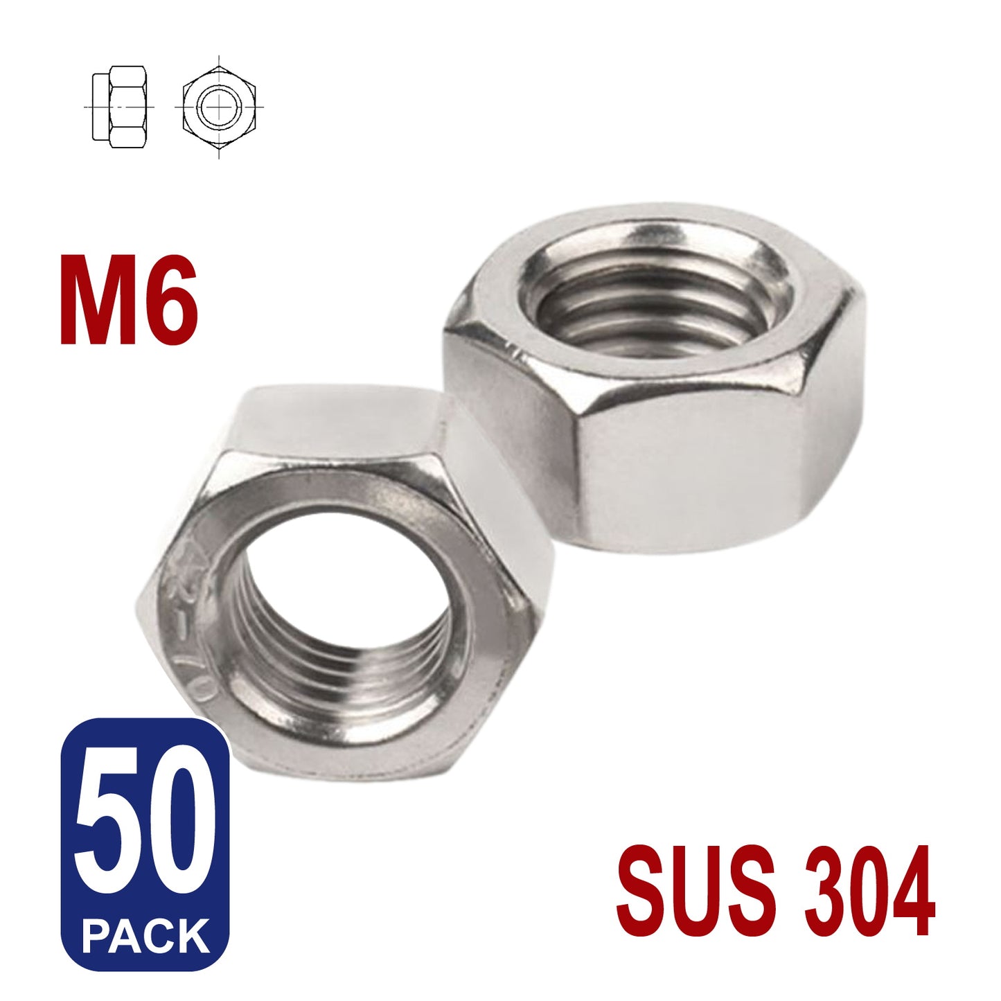 iBase - M6 Hex Nut Hexagon Stainless Steel 304 Nuts Fasteners Fixings Tighten Bolts Kit - W14193B50.jpg