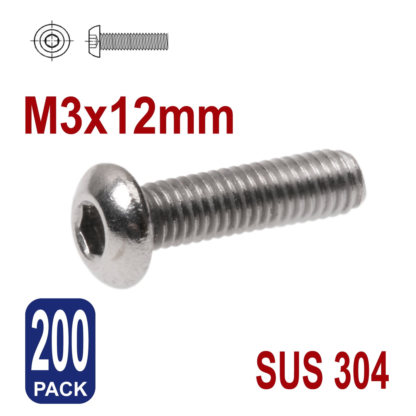 iBase - M3 x 12mm Hex Button Head Socket Cap Bolt Screws Allen Stainless Steel 3 mm Kit - W14305B200.jpg