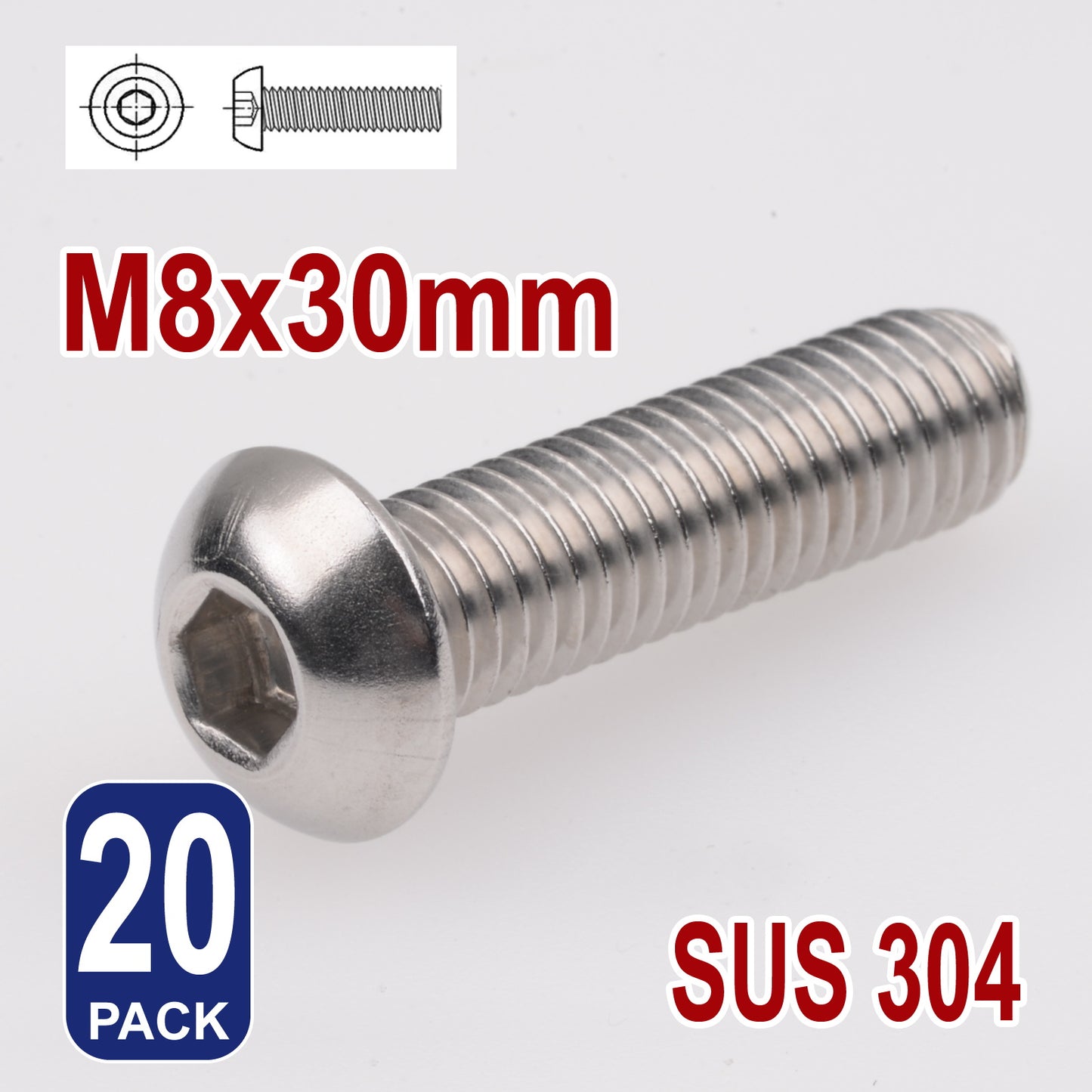 iBase - M8 x 30mm Hex Button Head Socket Cap Bolt Screws Allen Stainless Steel 8 mm Kit - W14342B20.jpg