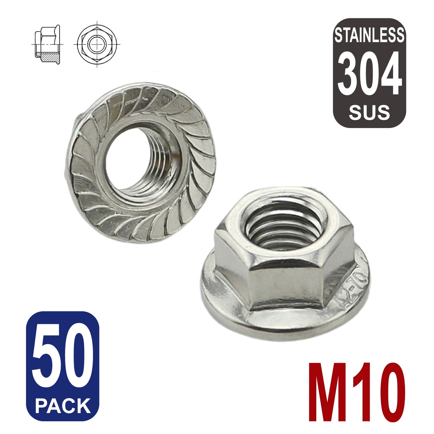 iBase - M10 Flange Nut Flanged Lock Stainless Steel 304 Nuts Serrated Hex SS Bolt Kit - W14698B50.jpg