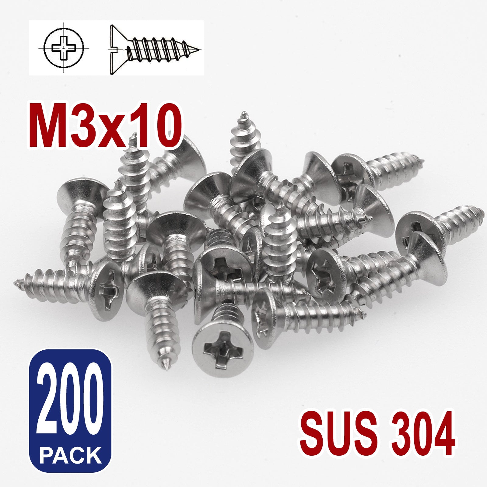iBase - M3 x 10mm Self Drilling Tapping Screw Countersunk Flat Phillips Stainless Kit - W14162B200.jpg