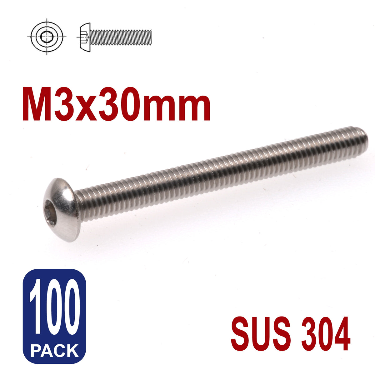 iBase - M3 x 30mm Hex Button Head Socket Cap Bolt Screws Allen Stainless Steel 3 mm Kit - W14304B100.jpg