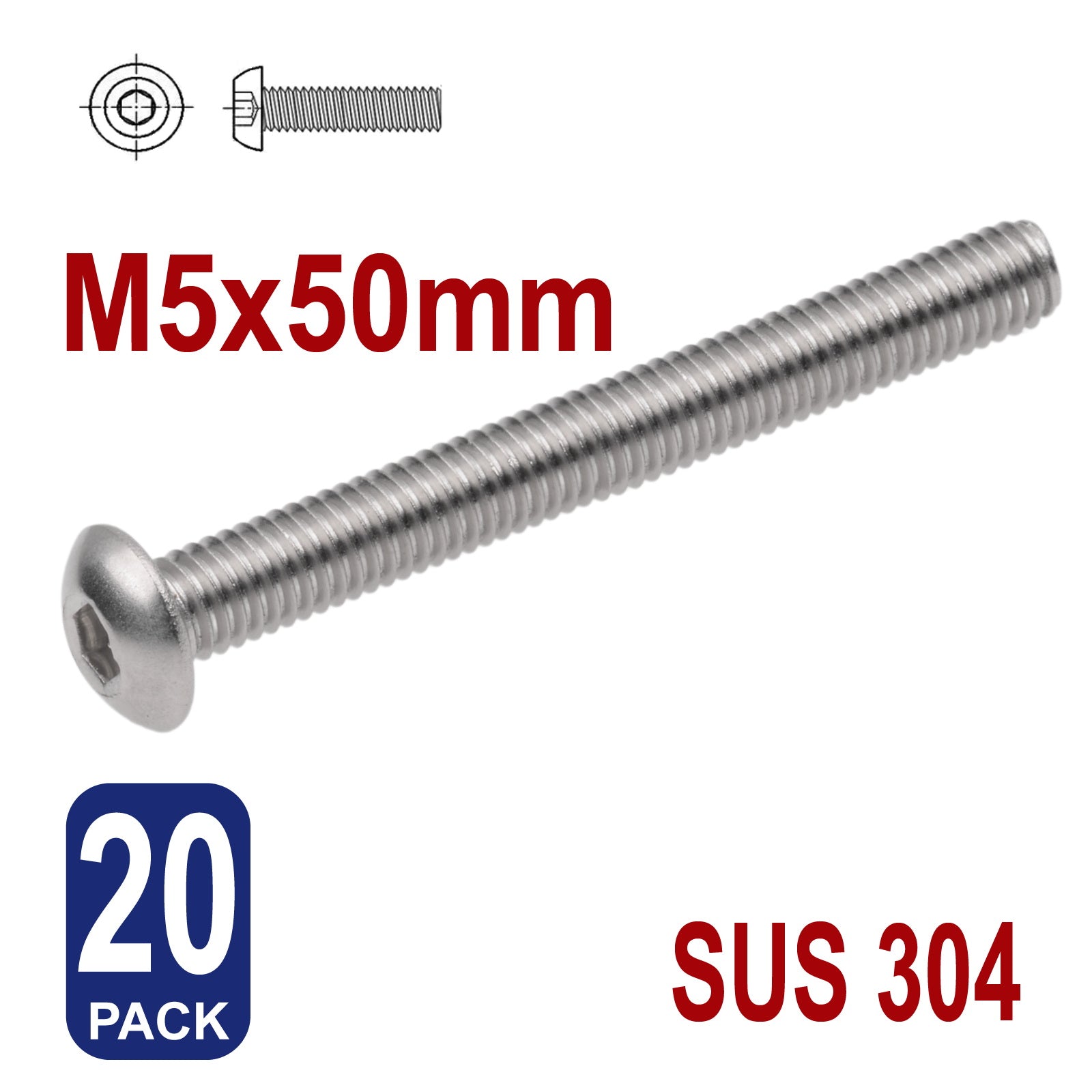 iBase - M5 x 50mm Hex Button Head Socket Cap Bolt Screws Allen Stainless Steel 5 mm Kit - W14327B20.jpg